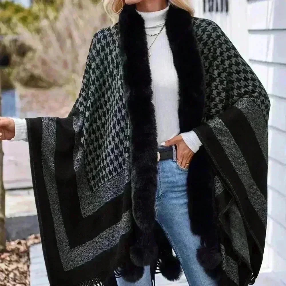 Black Preppy Womens Houndstooth Pattern Pom Pom Decor Fringe Hem Cape Cardigan